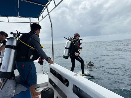 A scuba diver performs a giant stride entry from the boat while another diver prepares to follow under cloudy skies.
